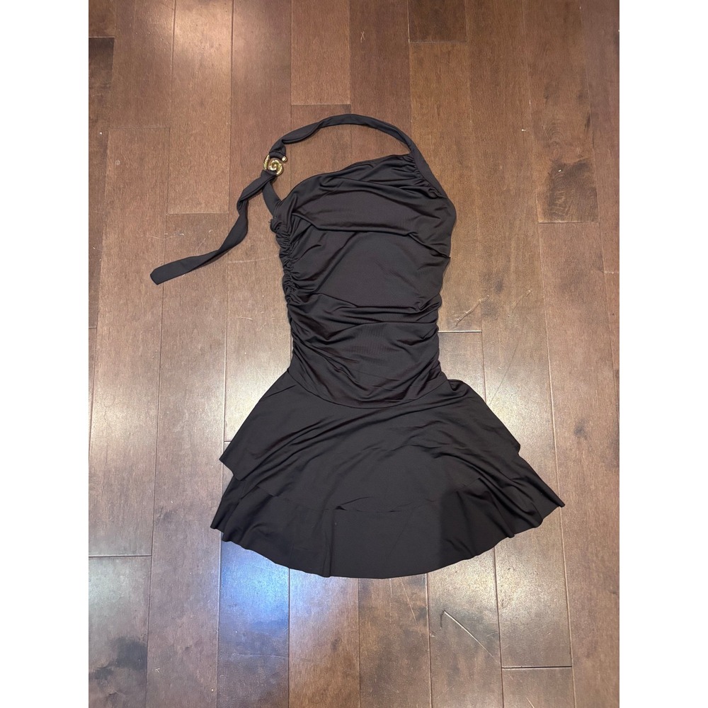 Black Halter Ruched Mini Dress Gold Hardware Tiered Ruffle Skirt Cocktail Dress